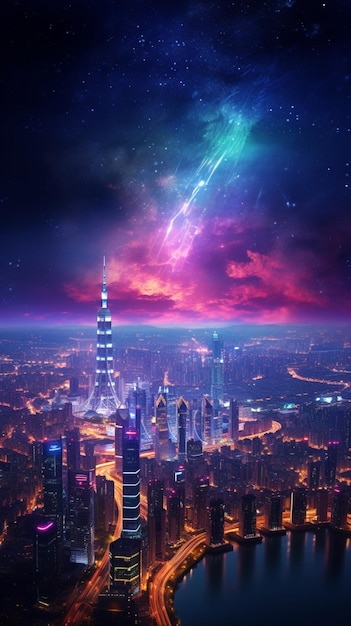 Панорамный вид на городской пейзаж, ночь, красочные огни, фотография, изображение, созданное искусственным интеллектом