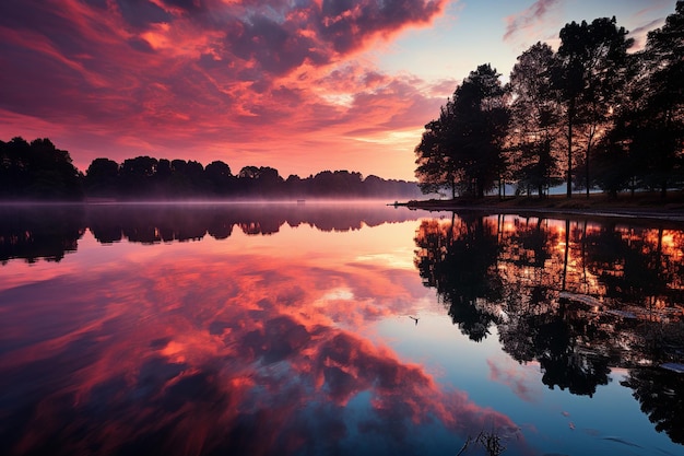 Photo a panoramic view of a colorful sunrise over a misty lake