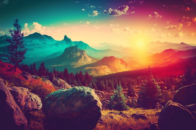 山の色とりどりの日の出のパノラマビュー