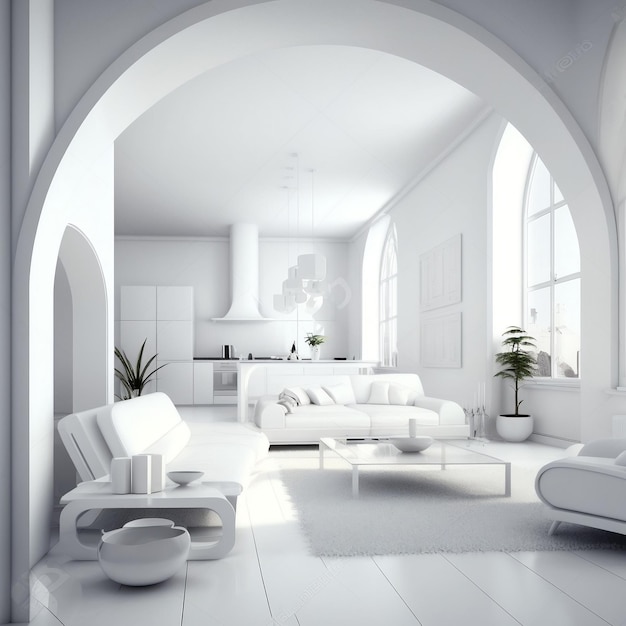 Panoramic View of a Contemporary White Apartment's Interior Generative AI