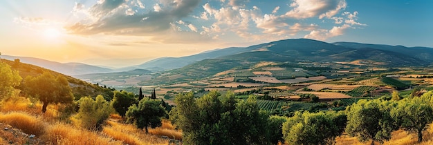 Panoramic view of the countryside at sunset