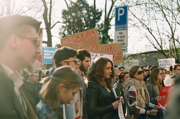 panoramic view of crowd on a protest in a city