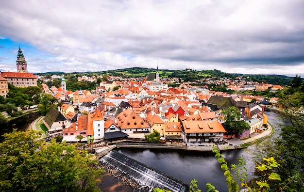 Panoramic view of Czech Krumlov with castle and small buildings