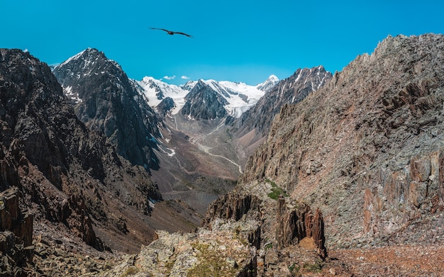 Panoramic view of dangerous couloir. Colorful sunny landscape with cliff and big rocky mountains and epic deep gorge. Altai Mountains.