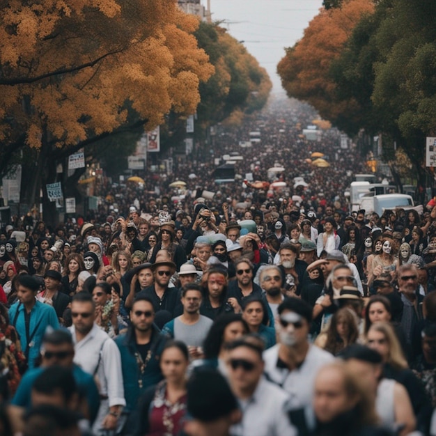 A panoramic view of a Day of the Dead festival with bustling streets filled with people Wallpaper