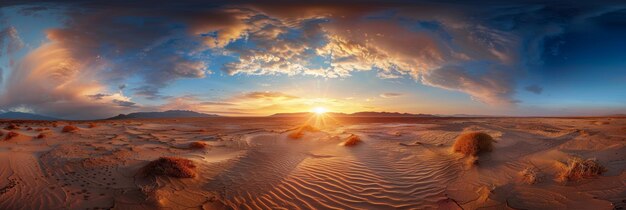 Photo a panoramic view of a desert at sunset with soft sand dunes under a vivid cloudy sky