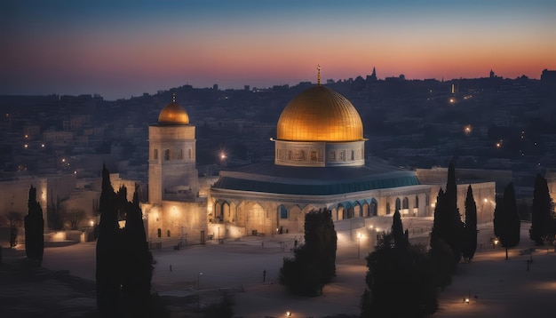 Panoramic view of the Dome of the Rock at sunset Jerusalem Israel