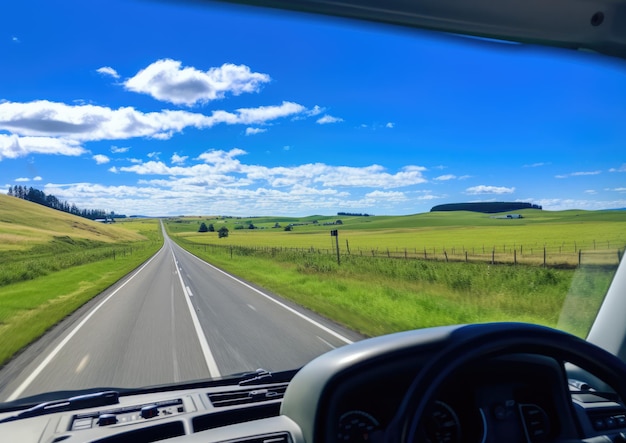 A panoramic view of a driver's perspective from behind the wheel showcasing the open road