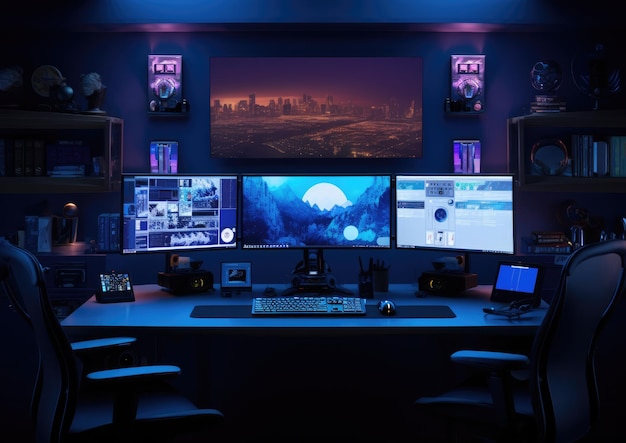 A panoramic view of an editor's workspace showcasing a dualmonitor setup with various editing