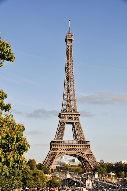 Panoramic view of the Eiffel Tower against the blue sky on a clear sunny day. ... Paris, France, September 19, 2018.