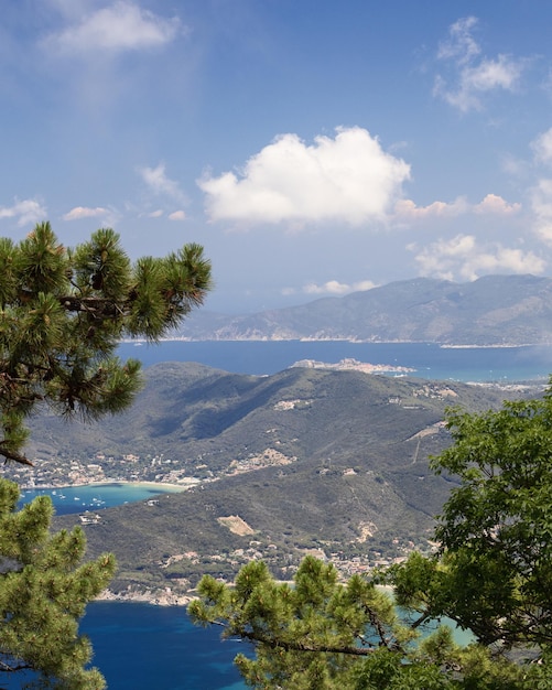 Panoramic view of Elba island landscape shaped by mountains and bays on Island of Elba, Italy