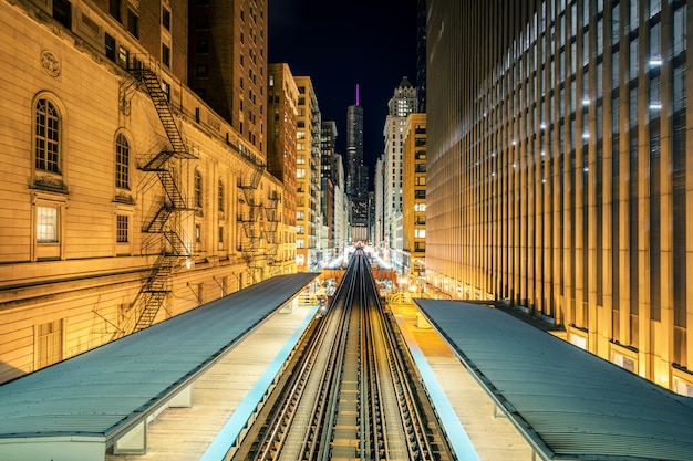 Panoramic view of elevated railway train in Chicago