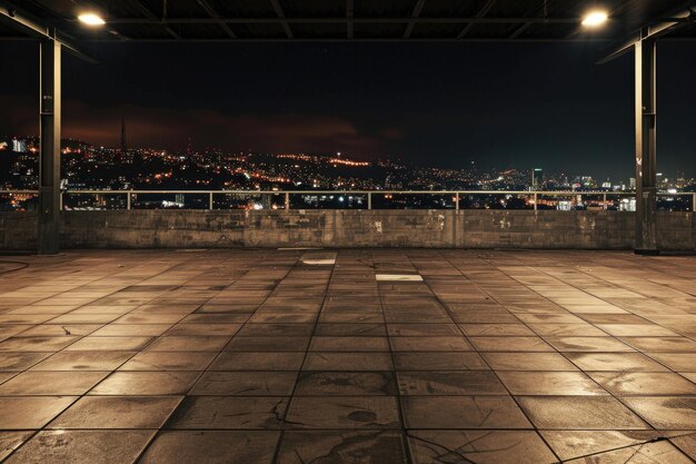 Panoramic view of empty concrete tiles floor with city skyline Night scene