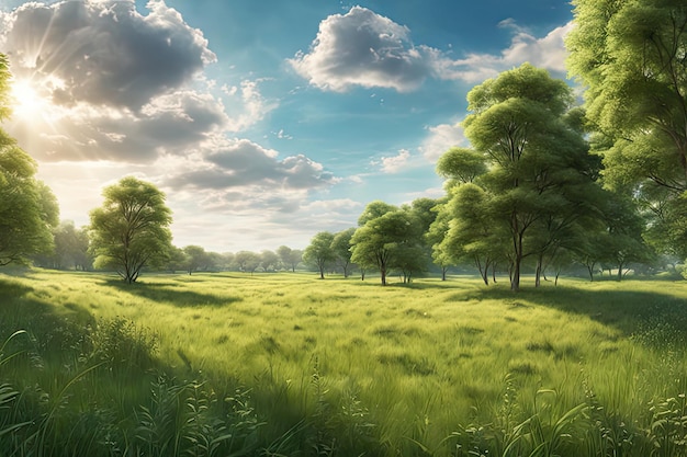 Panoramic view of a field of grass and trees under sunlight and a cloudy sky