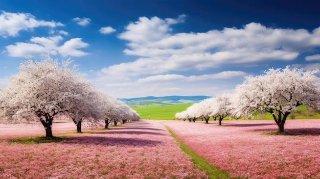 Panoramic view of the field waves with blossoming trees