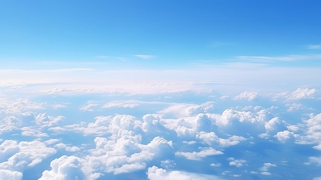飛行機の窓から見える野原と雲のパノラマ 空は真っ青でふわふわの白い雲