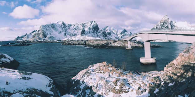 Panoramic view of the fjord and bridge near famous tourist attraction Hamnoy fishing village on Lofoten Islands Norway in winter