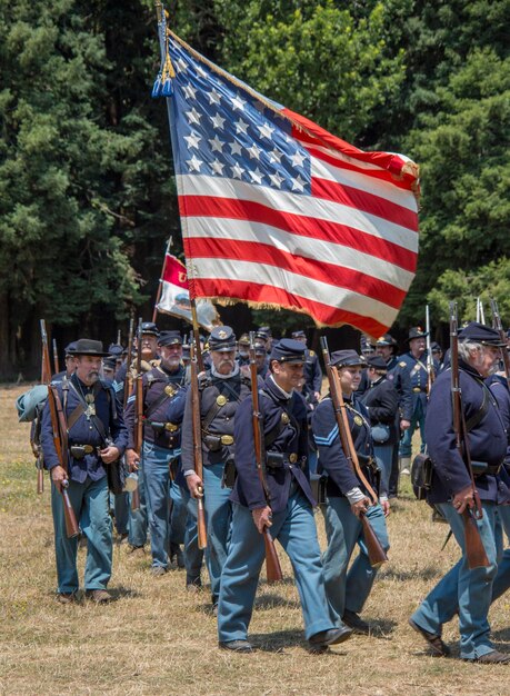 Photo panoramic view of flags against trees