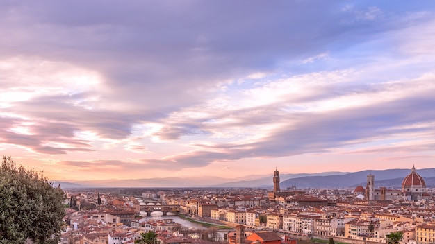 Panoramic view of Florence skyline at Sunset with all famous landmarks. Palazzo Vecchio, Florence Cathedral, Ponte Vecchio. Tuscany, Italy