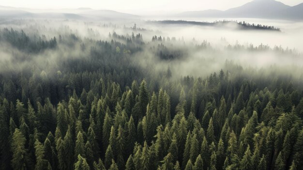 Панорамный вид на лес с утренним туманом над воздушным пространством Генеративный ИИ