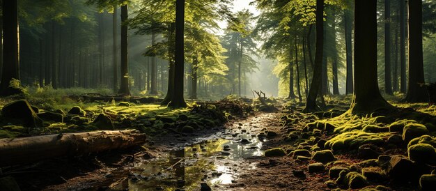 Panoramic view of a forest with a stream in the foreground