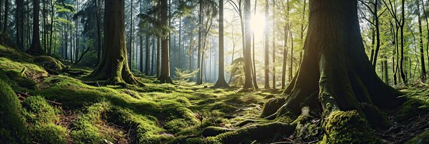 Panoramic view of a forest with sun rays