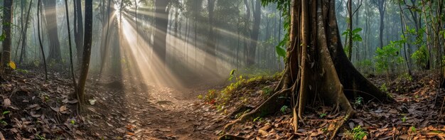 Panoramic view of a forest with sunlight shining through the trees Banner