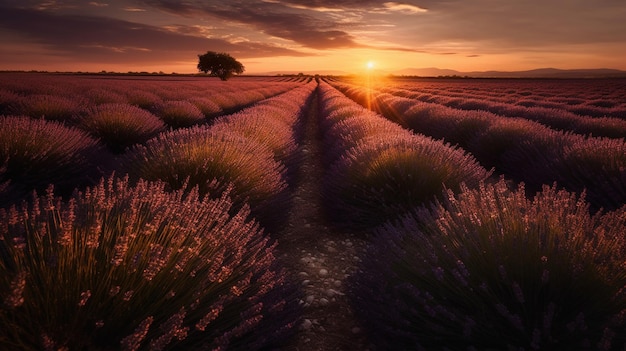 Panoramic view of French lavender field at sunset Summer nature landscape