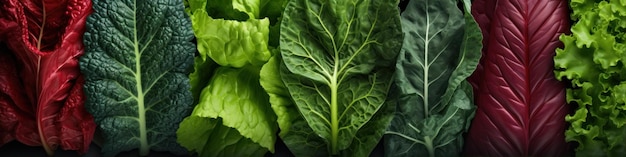 Photo panoramic view of fresh green salad leaves on black background banner