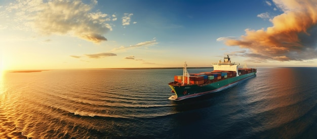 A panoramic view from a sailing boat showcases a large cargo ship sailing through the Baltic Sea