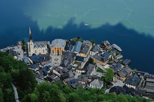 Panoramic view from above of scenic landscape over Austrian alps lake in Hallstatt Austria