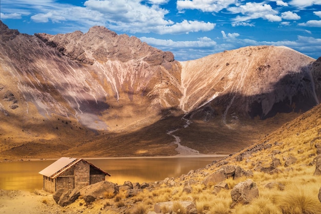 Panoramic view from the top of the mountains in Mexico the view is incredible the lake in the middle of the crater due to the thaw