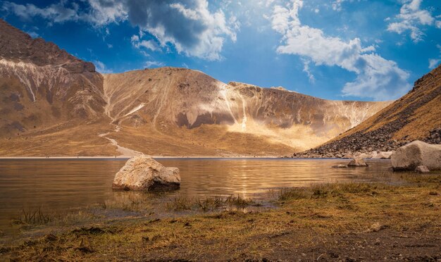 Panoramic view from the top of the mountains in Mexico the view is incredible the lake in the middle of the crater due to the thaw