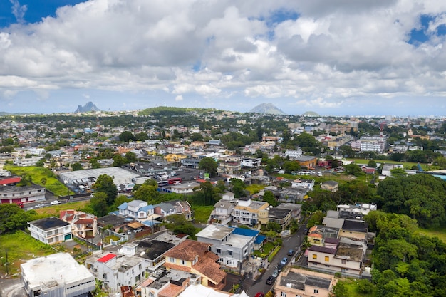 Panoramic view from above of the town and mountains on the island of Mauritius, Mauritius Island.