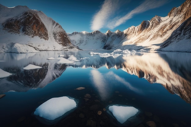 Panoramic view of a frozen fjord with snowcapped mountains in the background and still water reflect