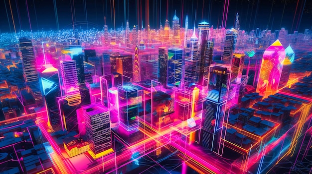 効率性と透明性を示すブロックチェーン技術を活用した未来都市のパノラマ ビュー