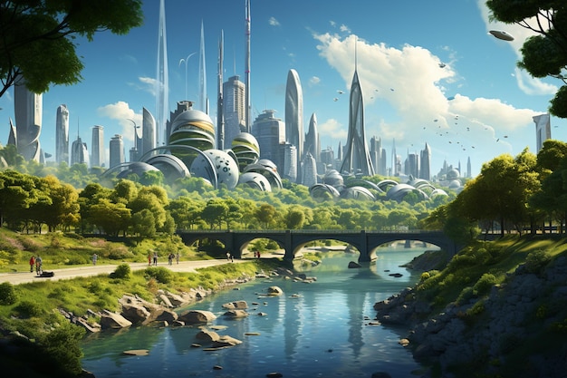 Panoramic view of futuristic morden city skyline Clean energy with nature in urban environment Day scene Cinematic lightning photo realistic rendering