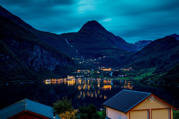 Panoramic view at Geiranger fjord and Geiranger village in the night Norway