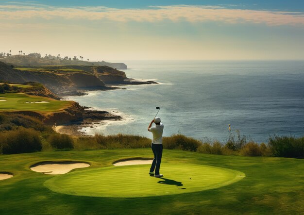 A panoramic view of a golfer teeing off from a cliffside tee box overlooking a breathtaking ocean