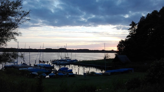 Photo panoramic view of grassy field by harbor during sunset