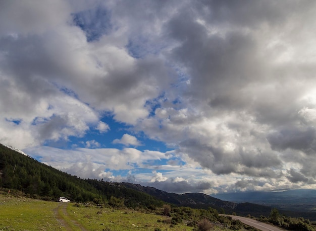 Panoramic view of the Greek island of Evia with clouds on a sunny day from Mount Dirfys Greece