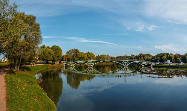 Panoramic view of the green bridge in Tsaritsyno Park, Moscow.