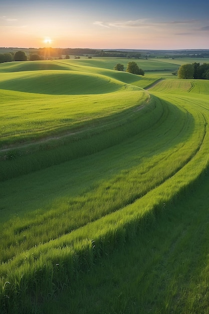 Panoramic view of green field in the light of the evening sun