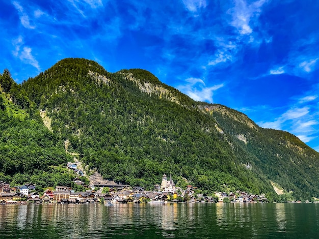 Panoramic view of hallstatt town in Austria, old town near lake