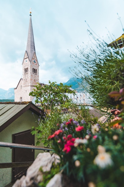 Panoramic view of hallstatt village austria copy space