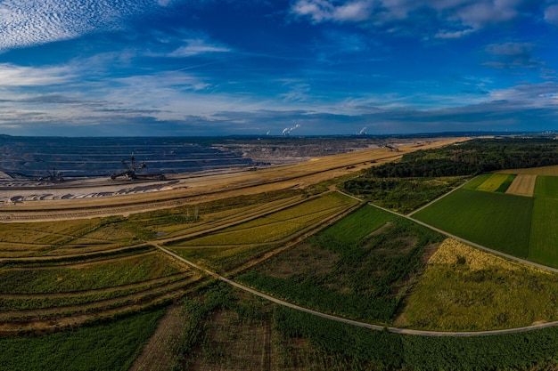 Panoramic view of hambach surface mine and hambach forest germany drone photography