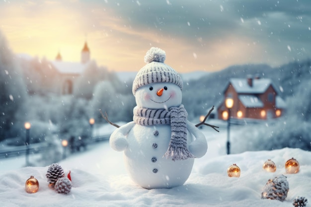Panoramic view of happy snowman in winter scenery Closeup