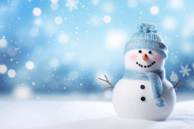 Panoramic view of happy snowman in winter scenery Closeup