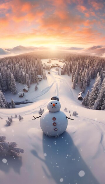 Panoramic view of happy snowman in winter scenery