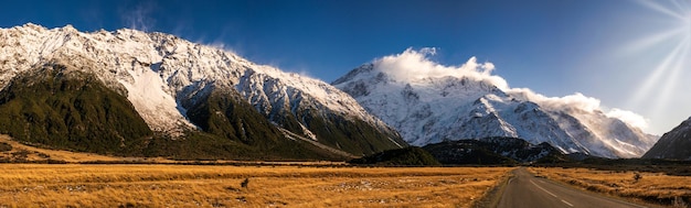 Panoramic view of the highway heading to Mt Cook Village